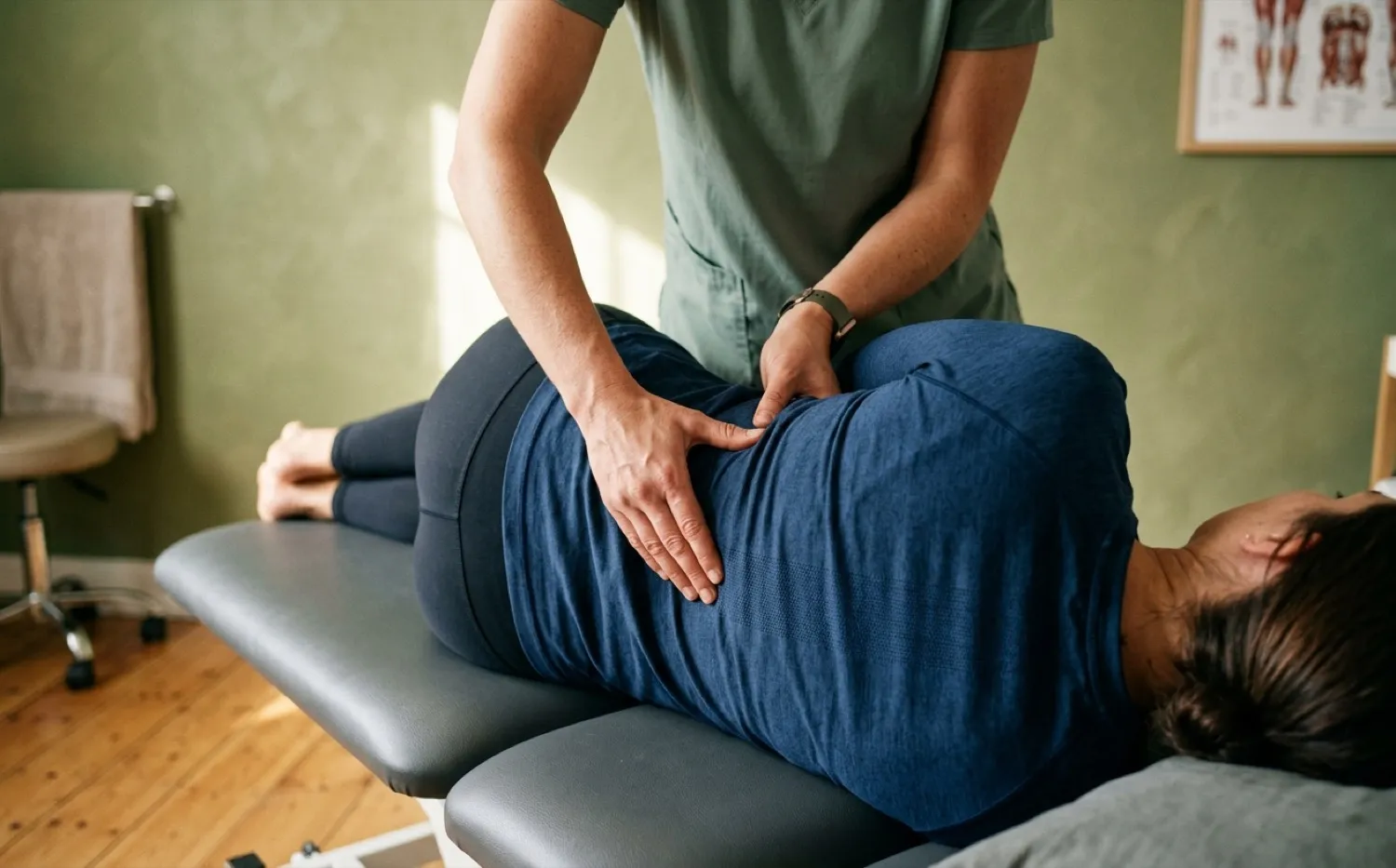 Physiotherapeutin mobilisiert die Wirbelsäule eines bäuchlings liegenden Patienten