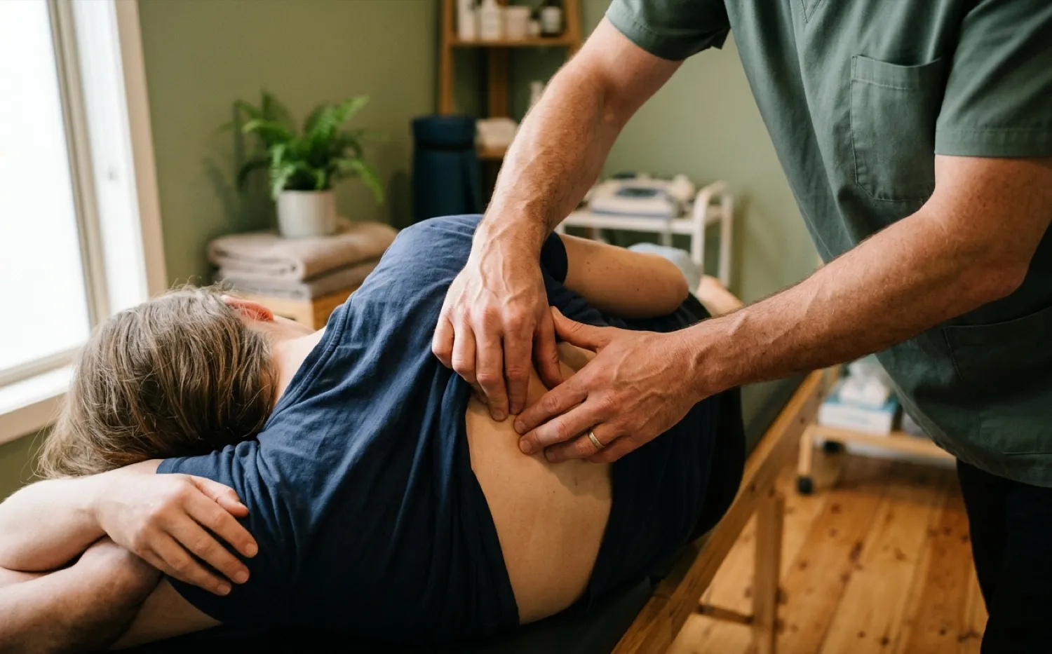 Physiotherapeut mobilisiert die Wirbelsäule eines bäuchlings liegenden Patienten