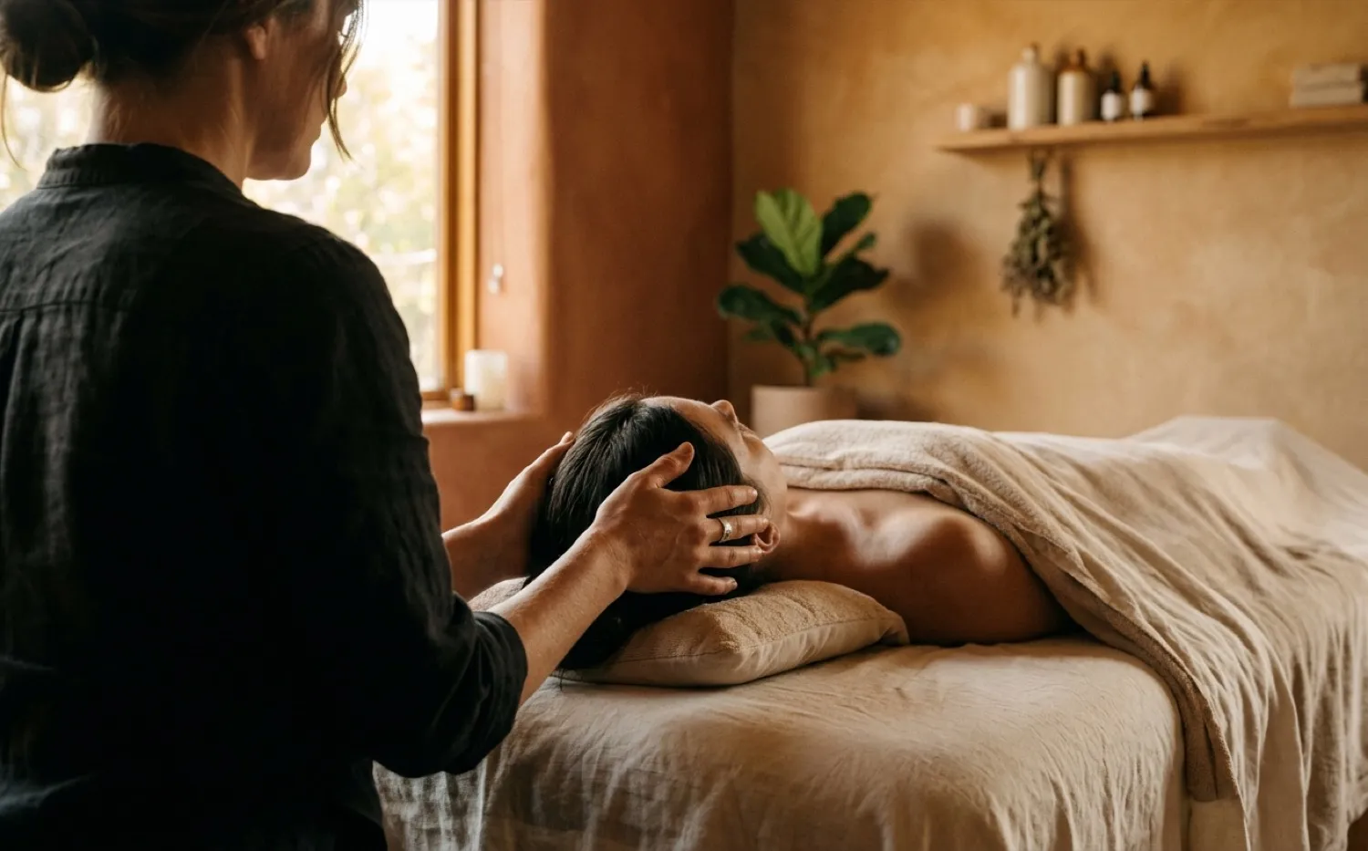 Osteopathin behandelt mit beiden Händen den Kopf einer entspannt liegenden Patientin (kraniosakrale Osteopathie)
