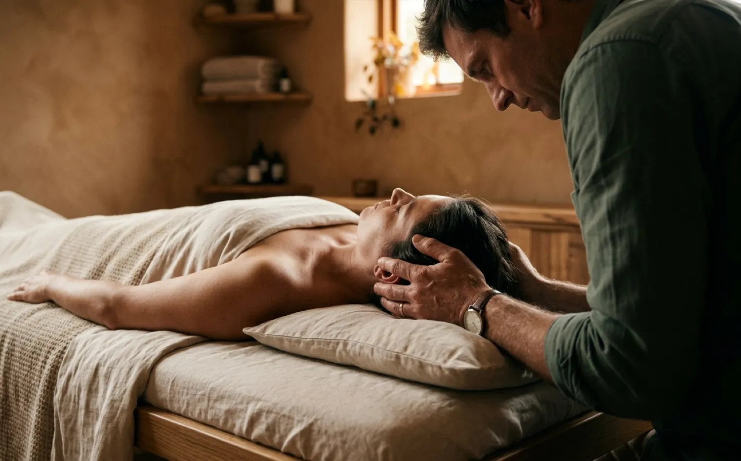 Osteopath behandelt mit beiden Händen den Kopf eines entspannt liegenden Patienten (kraniosakrale Osteopathie)