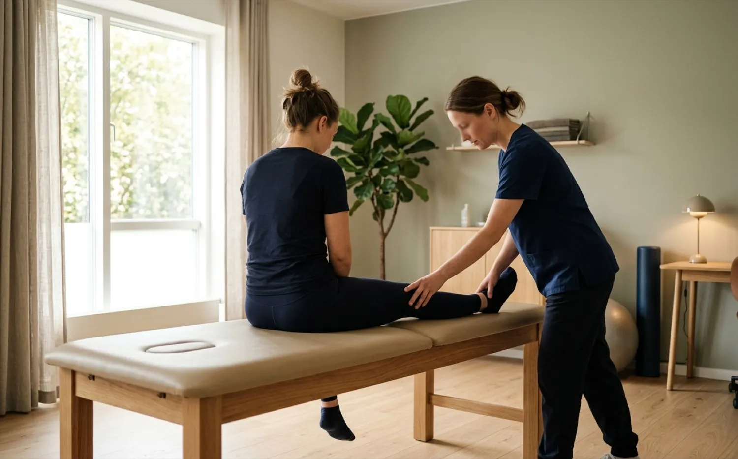 Physiotherapeutin betreut Patientin bei einer Bewegungsübung auf der Behandlungsliege