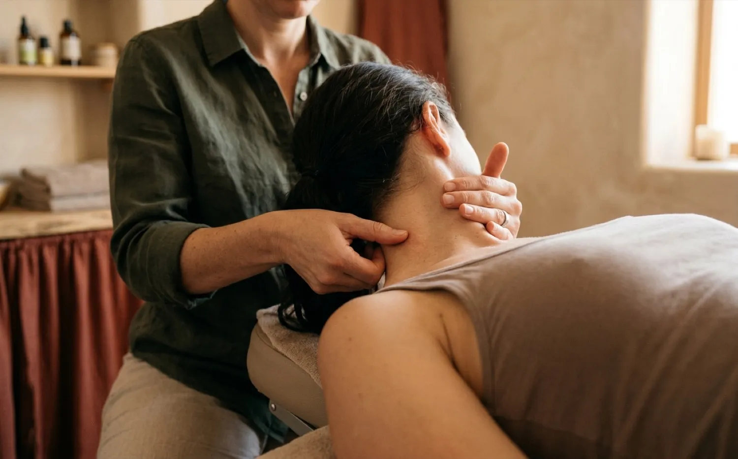Therapeutin behandelt den Nacken einer Patientin mit gezielten Handgriffen