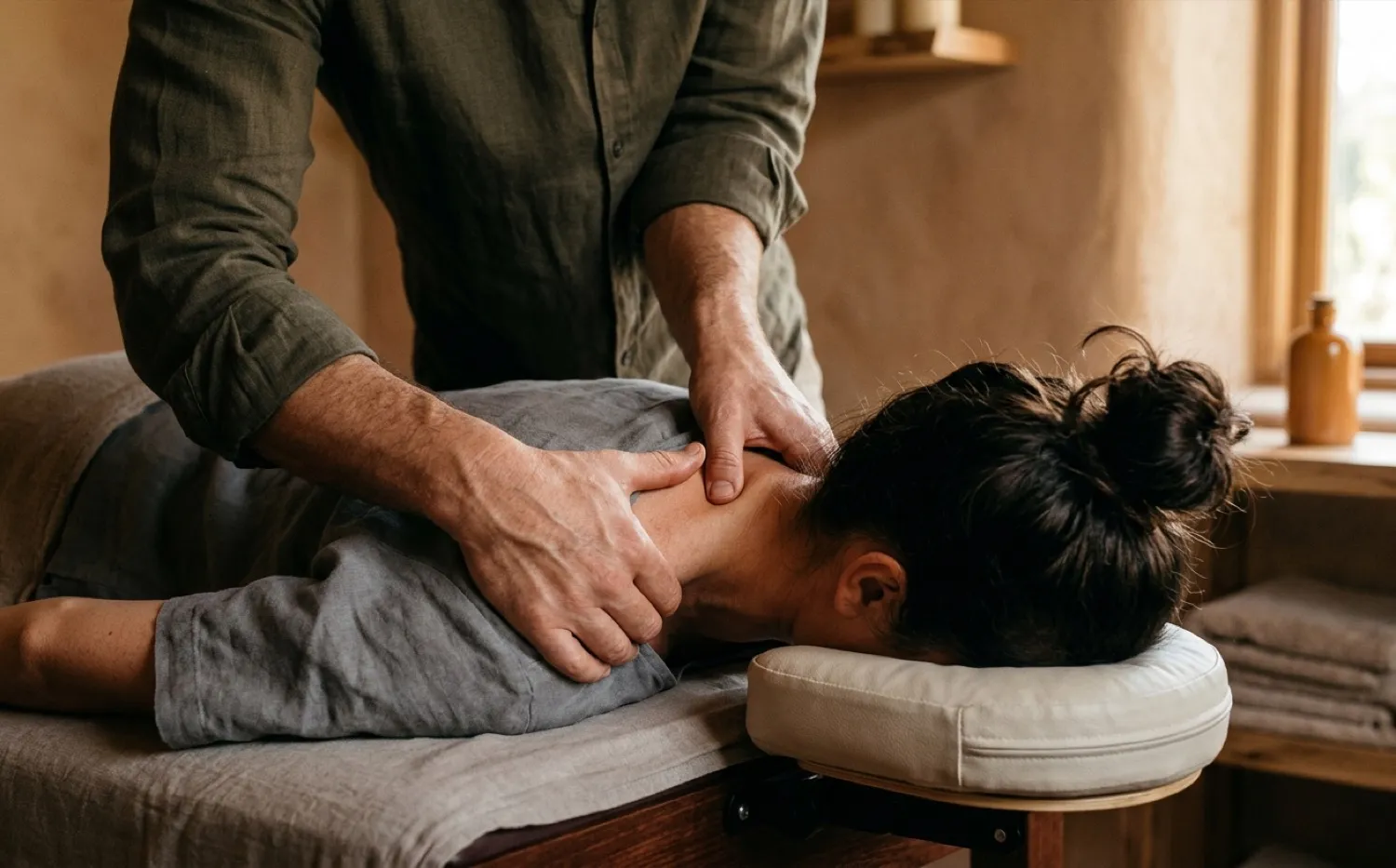 Therapeut behandelt den Nacken eines Patienten mit gezielten Handgriffen